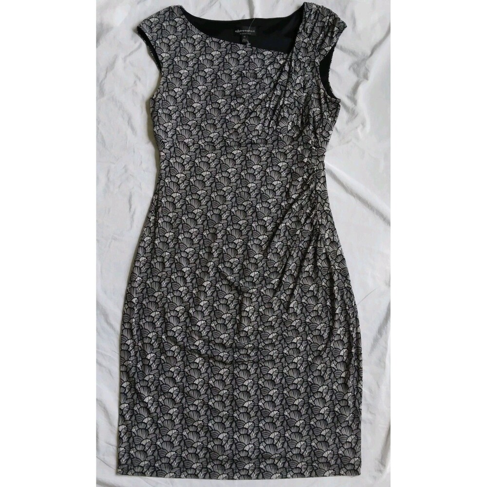 Connected Apparel Dress Shift Gathered Front Black White Leaves Women's Size 14
